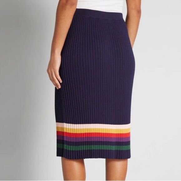 ModCloth Spirited Spectrum Navy Knit Skirt With Rainbow Stripes Pride Office XS - Picture 2 of 9
